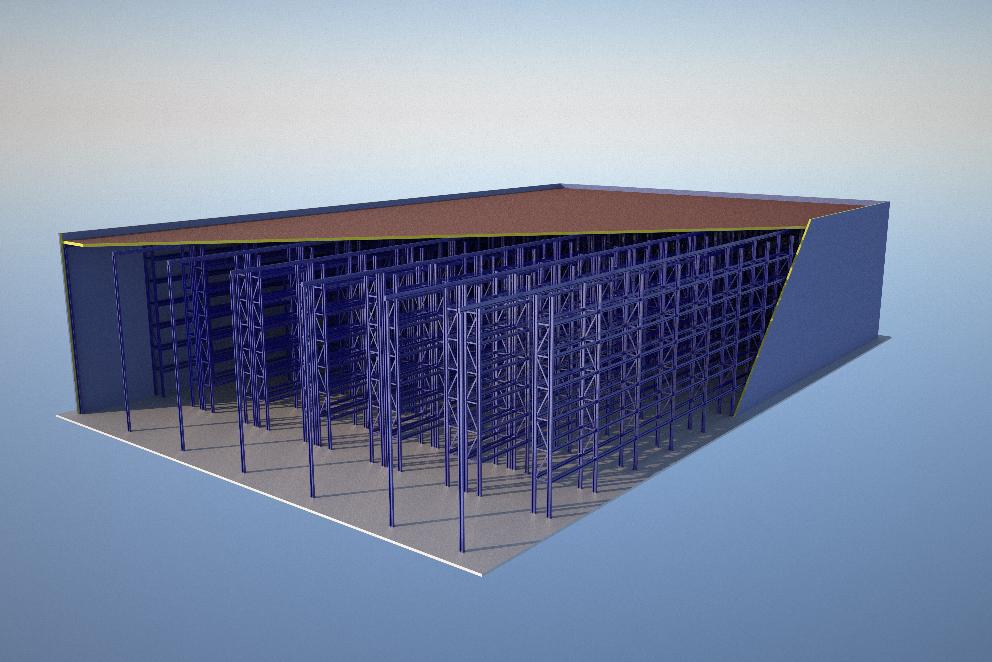 Металлокаркасы  складских   зданий на основе стеллажных систем   из стальных   гофробалок
